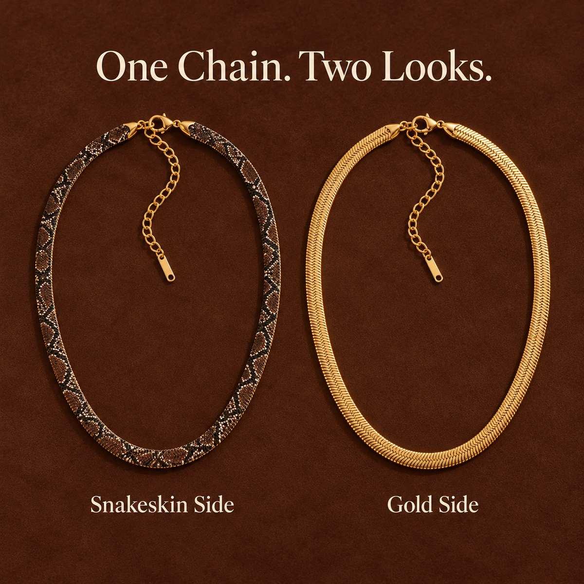 Reversible necklace: snakeskin side and gold side