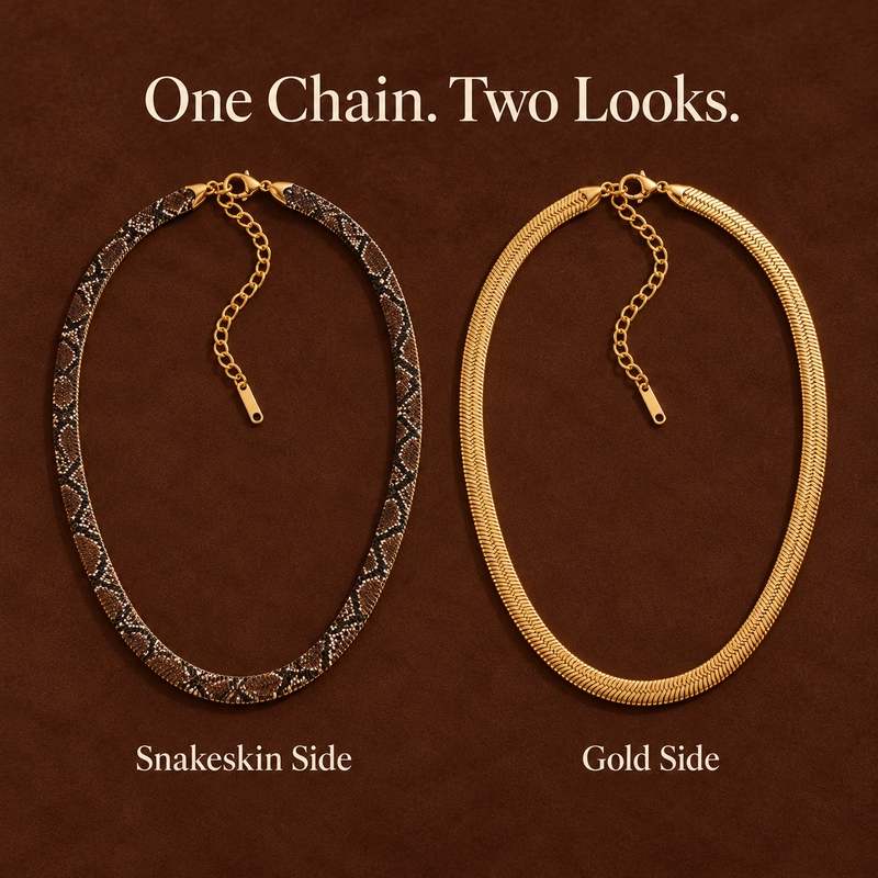 Reversible necklace: snakeskin side and gold side